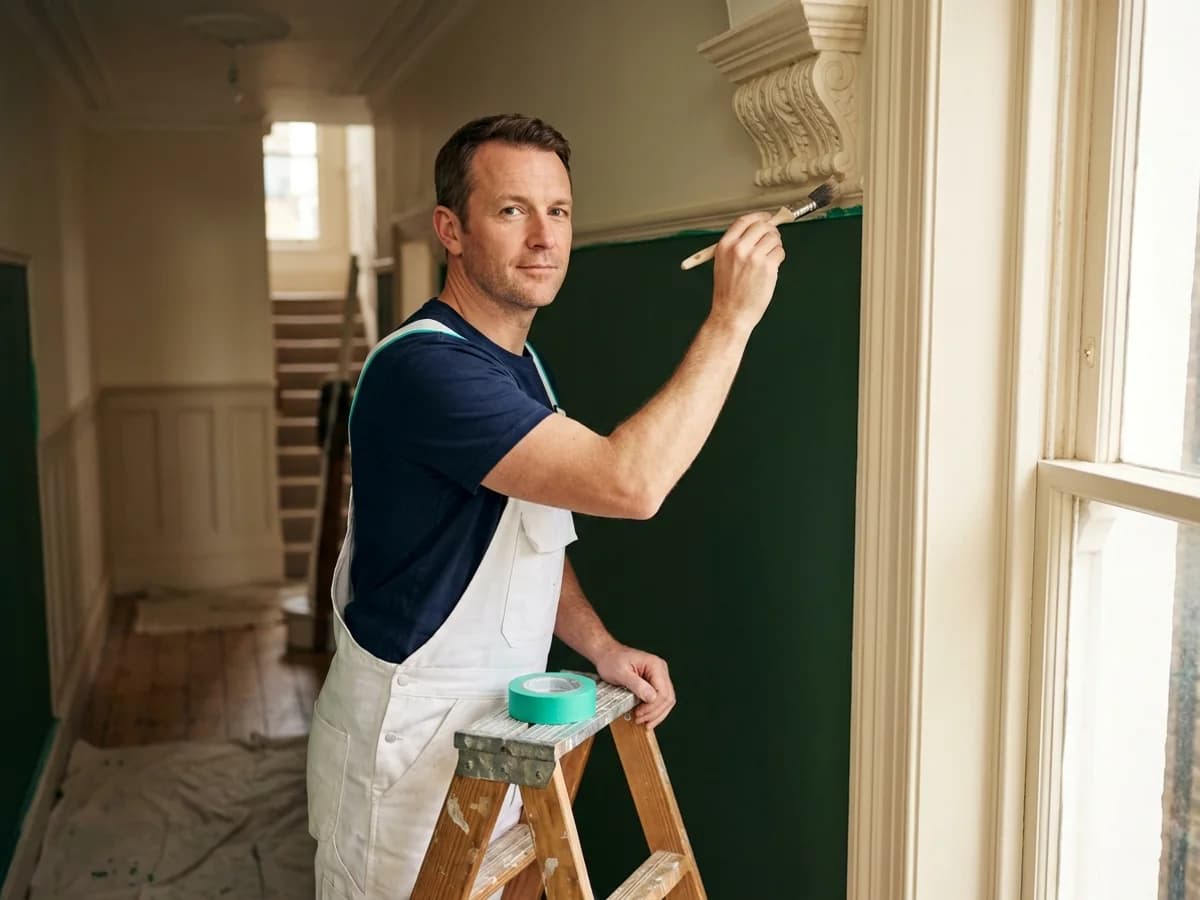 A painter and decorator cutting in along a cornice in a Victorian hallway