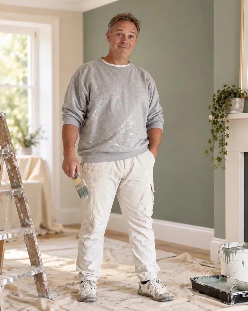 Tim, brush in hand, standing on dust sheets in front of a freshly painted sage green wall